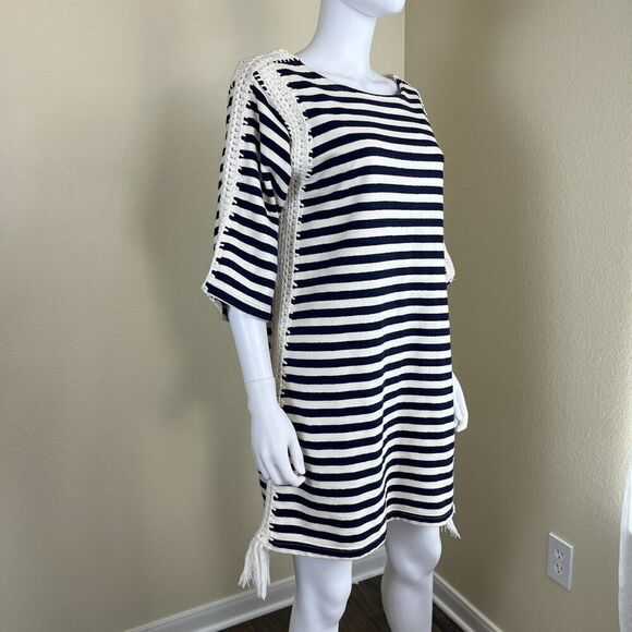 Pepin Women's Size M Breton Striped Crochet Shift Mini Dress Nautical Cotton - Picture 7 of 16